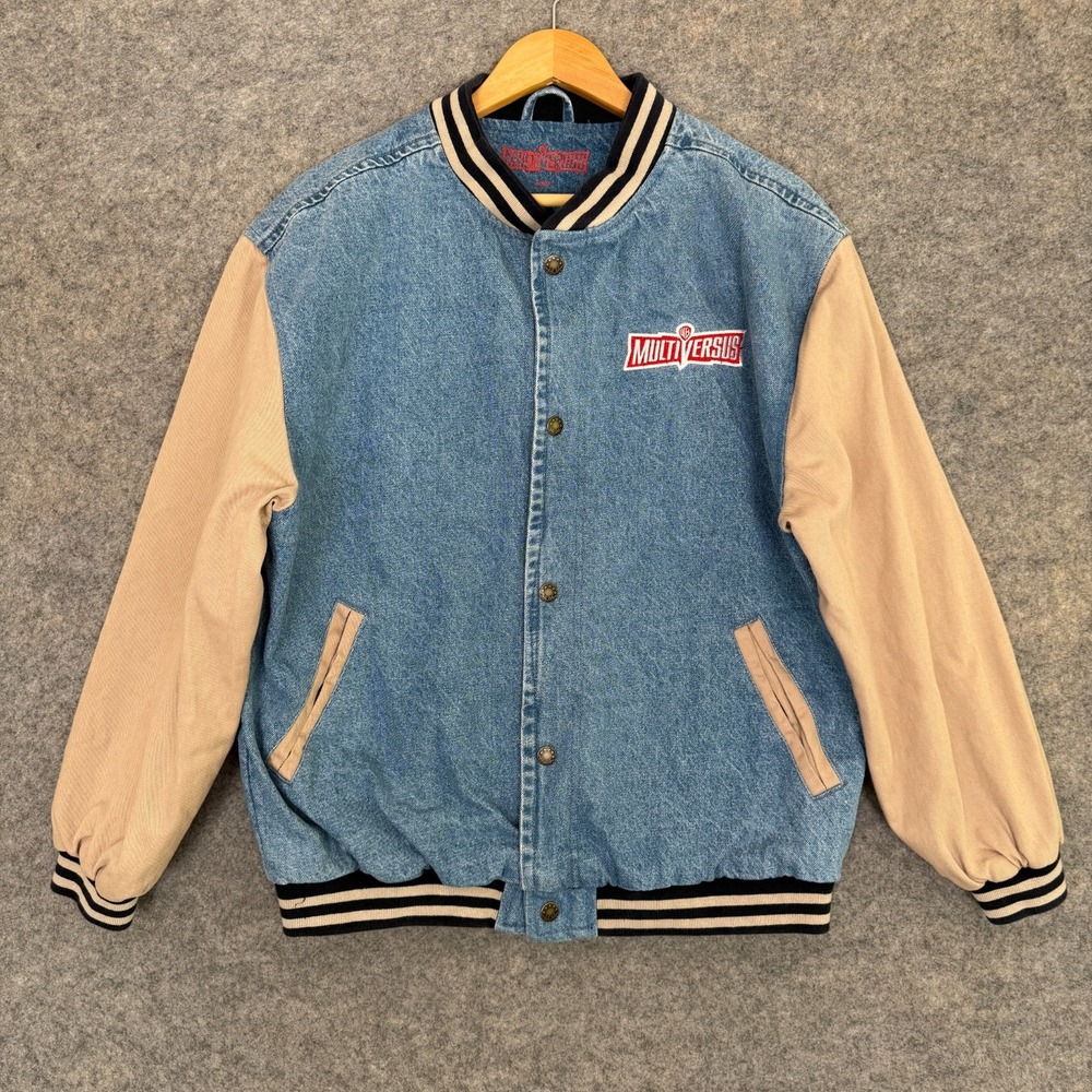 WB Multiversus Denim Varsity Jacket Men Large Game Official Merch Gaming‎ RARE